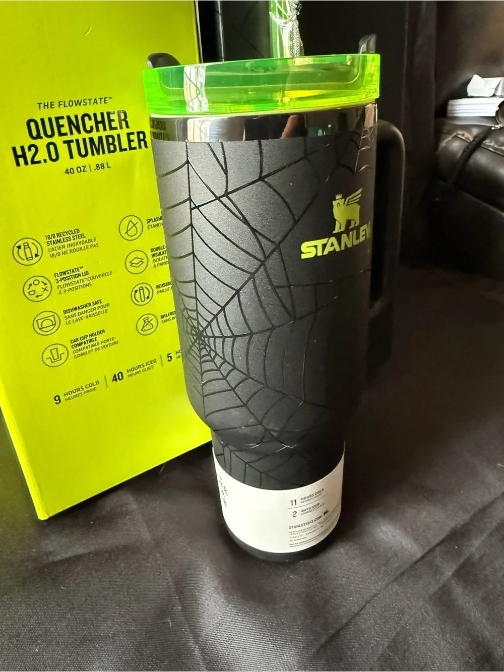 New Stanley 40oz Special Spider Web Black Tumbler with Neon Green Lid and Straw - Picture 3 of 12